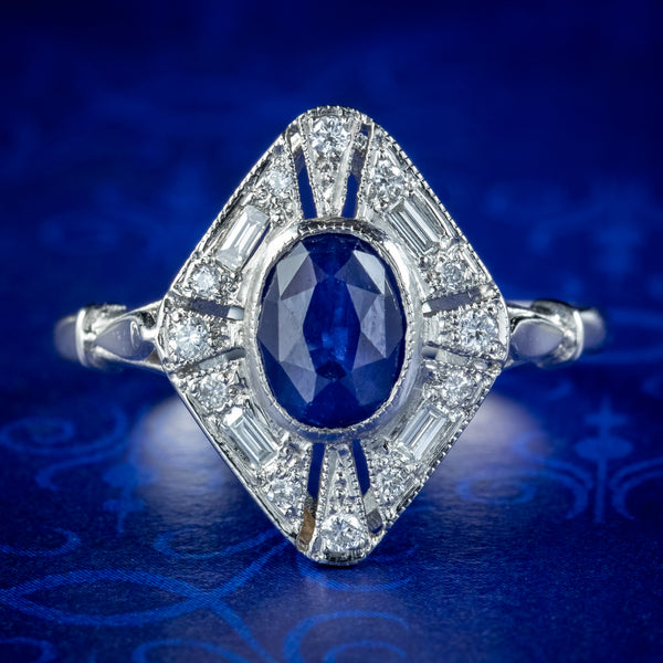 Art Deco Style Sapphire Diamond Cluster Ring 1ct Sapphire