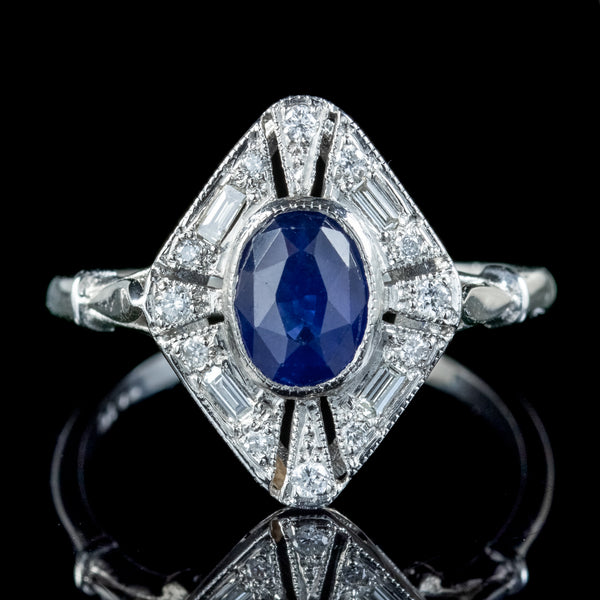 Art Deco Style Sapphire Diamond Cluster Ring 1ct Sapphire