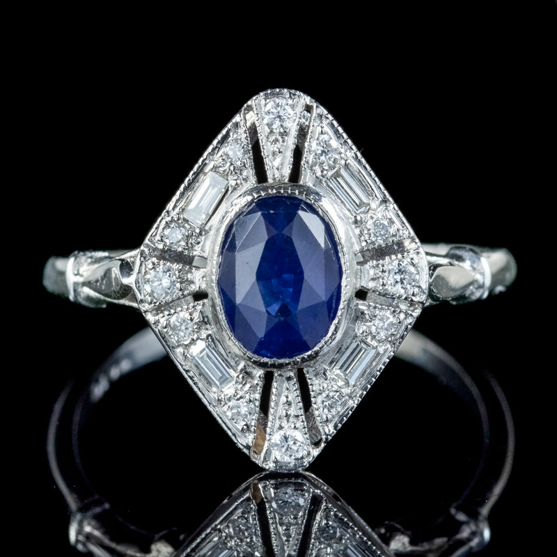 Art Deco Style Sapphire Diamond Cluster Ring 1ct Sapphire