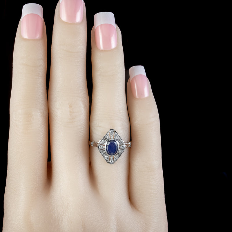 Art Deco Style Sapphire Diamond Cluster Ring 1ct Sapphire