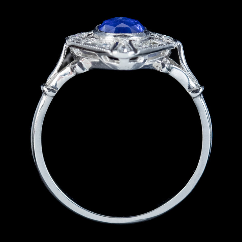 Art Deco Style Sapphire Diamond Cluster Ring 1ct Sapphire