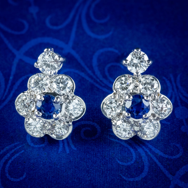 Art Deco Style Sapphire Diamond Daisy Stud Earrings 18ct Gold