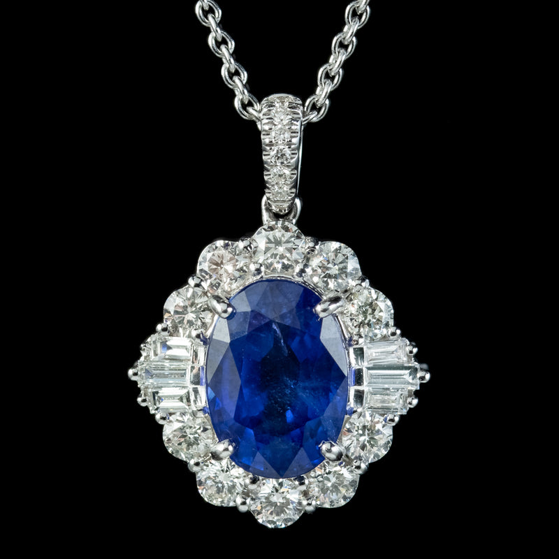 Art Deco Style Sapphire Diamond Pendant Necklace 4.39ct Sapphire 18ct Gold 