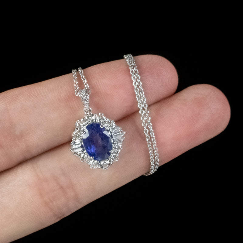 Art Deco Style Sapphire Diamond Pendant Necklace 4.39ct Sapphire 18ct Gold 