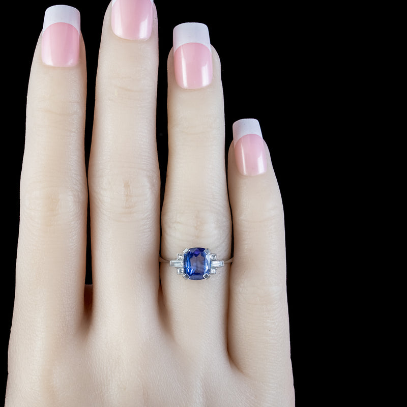 Art Deco Style Sapphire Diamond Ring 1.70ct Blue Sapphire