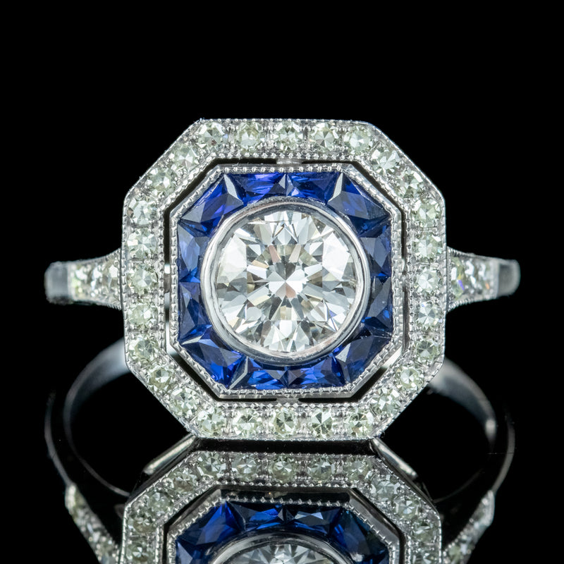 Art Deco Style Sapphire Diamond Target Cluster Ring 1.50ct Of Diamond