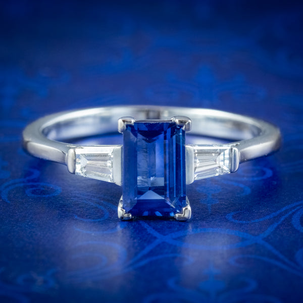 Art Deco Style Sapphire Diamond Trilogy Ring 1.5ct Sapphire
