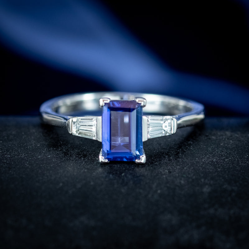 Art Deco Style Sapphire Diamond Trilogy Ring 1.5ct Sapphire