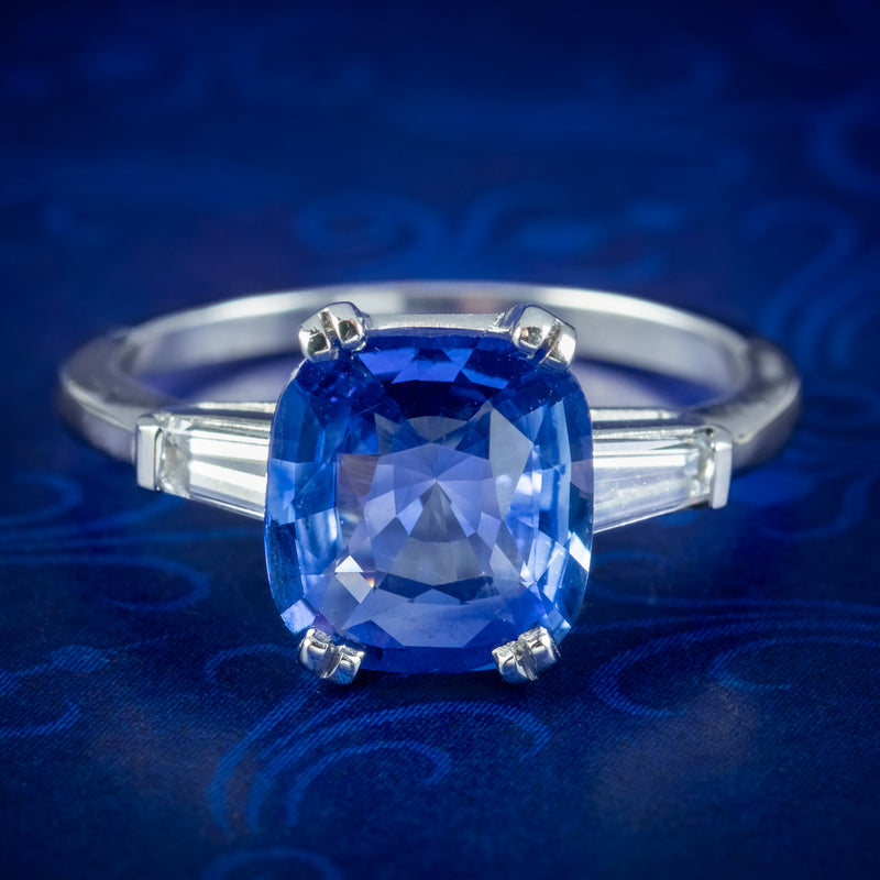 Art Deco Style Sapphire Diamond Trilogy Ring 3.25ct Sapphire