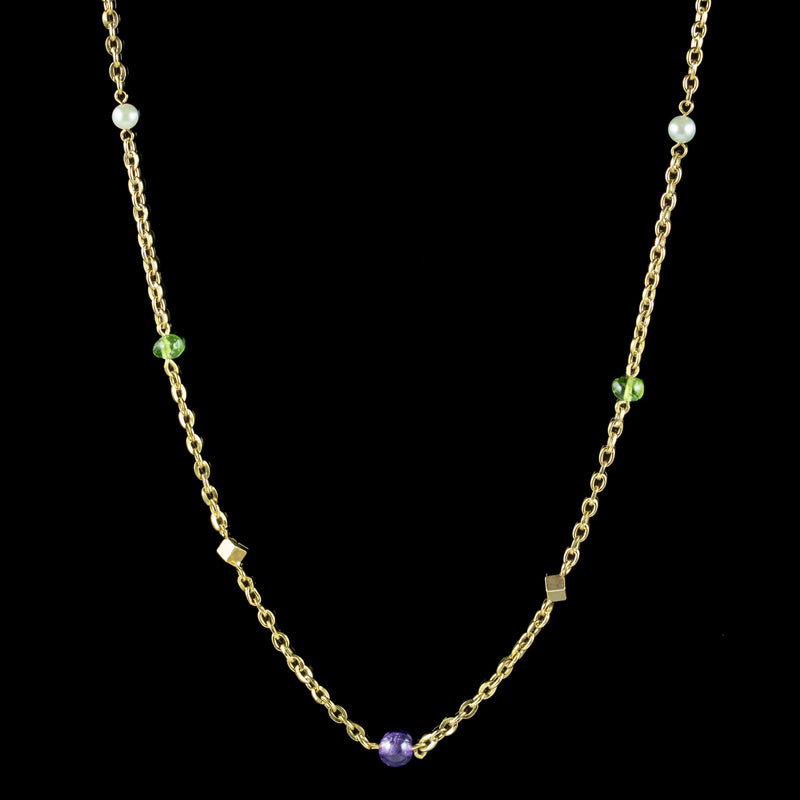 Art Deco Suffragette Chain 15ct Gold Amethyst Pearl Peridot