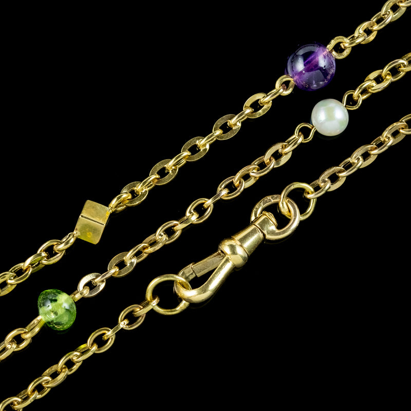 Art Deco Suffragette Chain 15ct Gold Amethyst Pearl Peridot