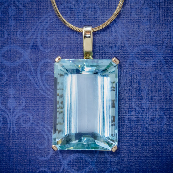 ART DECO AQUAMARINE PENDANT NECKLACE 30CT EMERALD CUT AQUA 14CT GOLD COVER