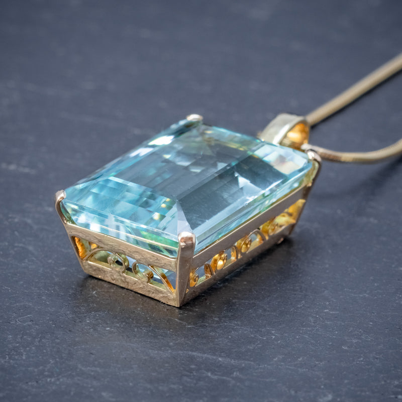 ART DECO AQUAMARINE PENDANT NECKLACE 30CT EMERALD CUT AQUA 14CT GOLD SIDE