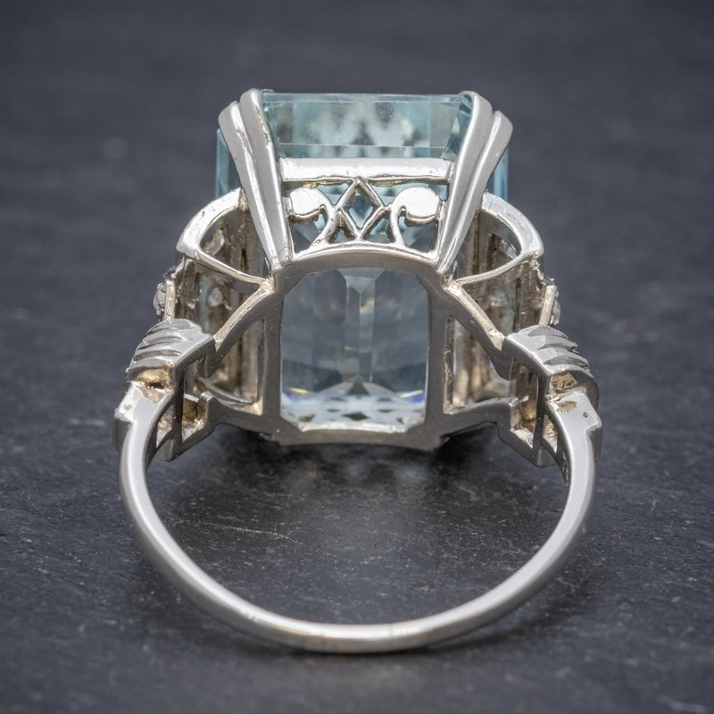Art Deco 14.89ct Aquamarine Diamond Ring Platinum Circa 1920  back