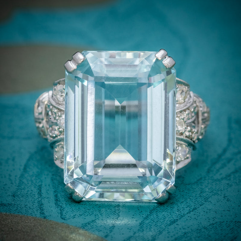 Art Deco 14.89ct Aquamarine Diamond Ring Platinum Circa 1920 cover