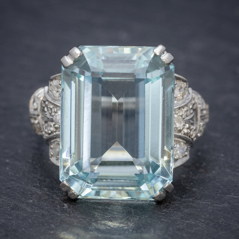Art Deco 14.89ct Aquamarine Diamond Ring Platinum Circa 1920  front