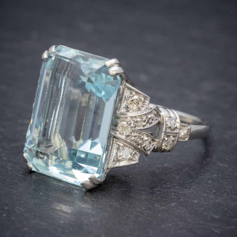 Art Deco 14.89ct Aquamarine Diamond Ring Platinum Circa 1920  side