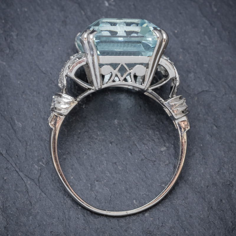 Art Deco 14.89ct Aquamarine Diamond Ring Platinum Circa 1920  top