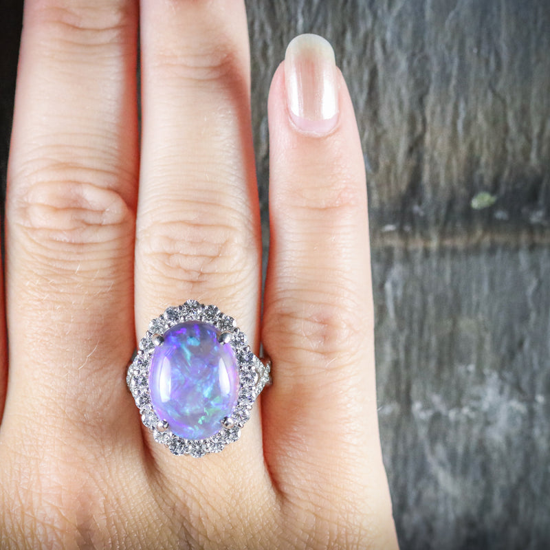BLACK OPAL DIAMOND RING PLATINUM 16CT BLACK OPAL HAND
