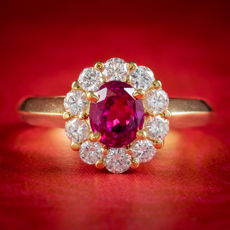 Burmese Ruby Diamond Cluster Ring 18Ct Gold 1.10Ct Natural Ruby With Cert