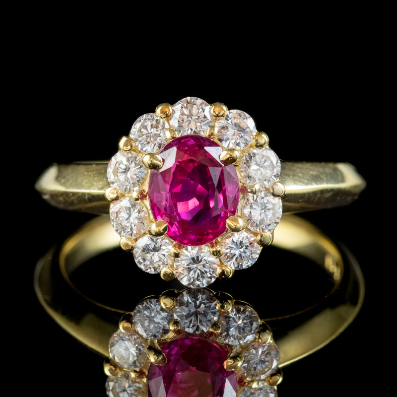 Burmese Ruby Diamond Cluster Ring 18Ct Gold 1.10Ct Natural Ruby With Cert