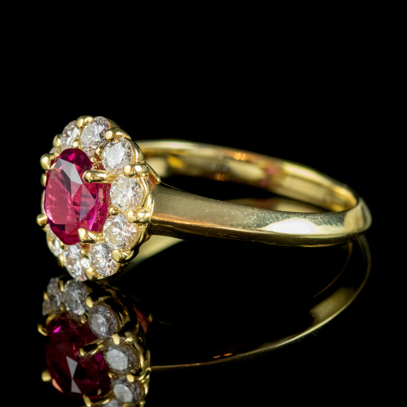Burmese Ruby Diamond Cluster Ring 18Ct Gold 1.10Ct Natural Ruby With Cert