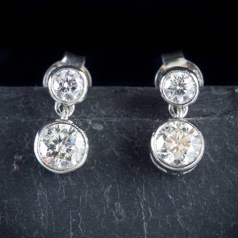 DIAMOND EARRINGS 18CT WHITE GOLD 1.20CT OLD CUT DIAMOND FRONT