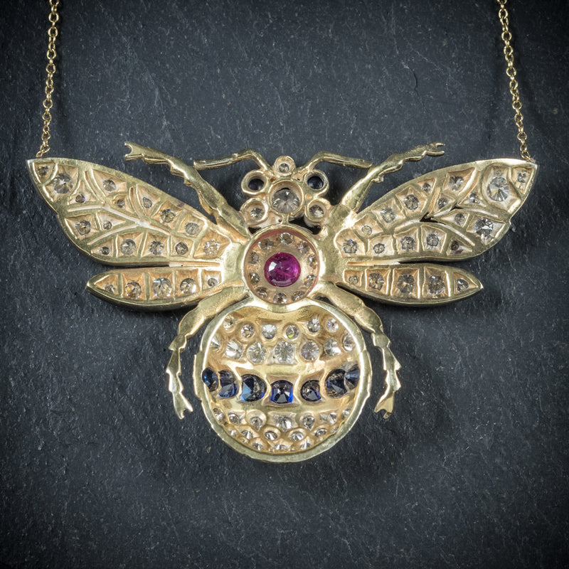 Diamond Bumble Bee Pendant Necklace Sapphire Ruby 18ct Gold back