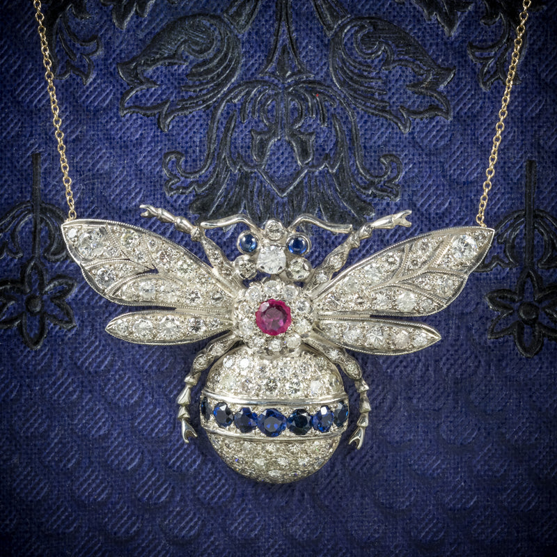 Diamond Bumble Bee Pendant Necklace Sapphire Ruby 18ct Gold cover