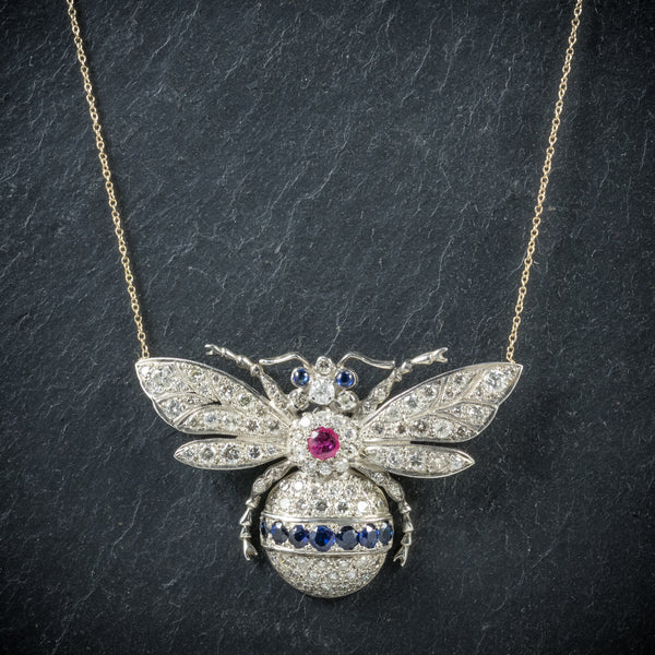 Diamond Bumble Bee Pendant Necklace Sapphire Ruby 18ct Gold front