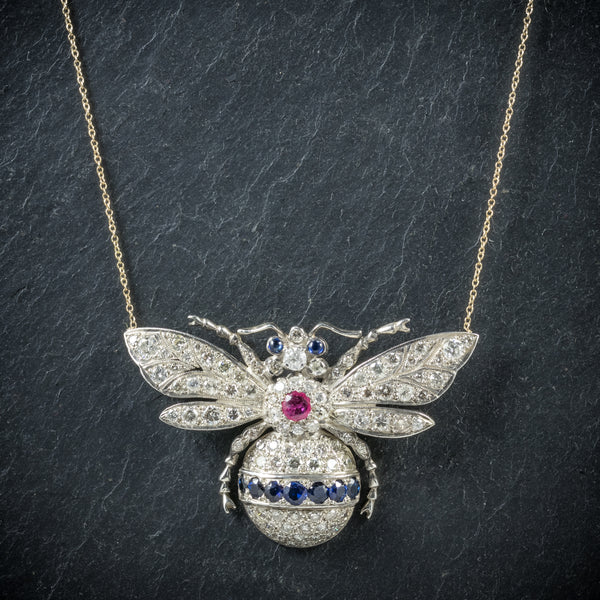 Diamond Bumble Bee Pendant Necklace Sapphire Ruby 18ct Gold front