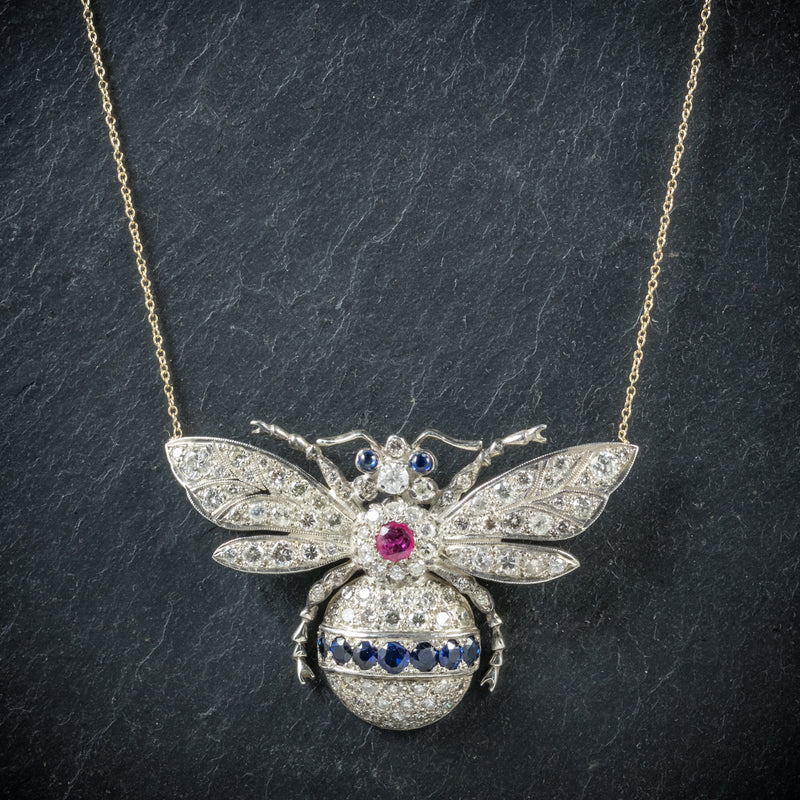 Diamond Bumble Bee Pendant Necklace Sapphire Ruby 18ct Gold front