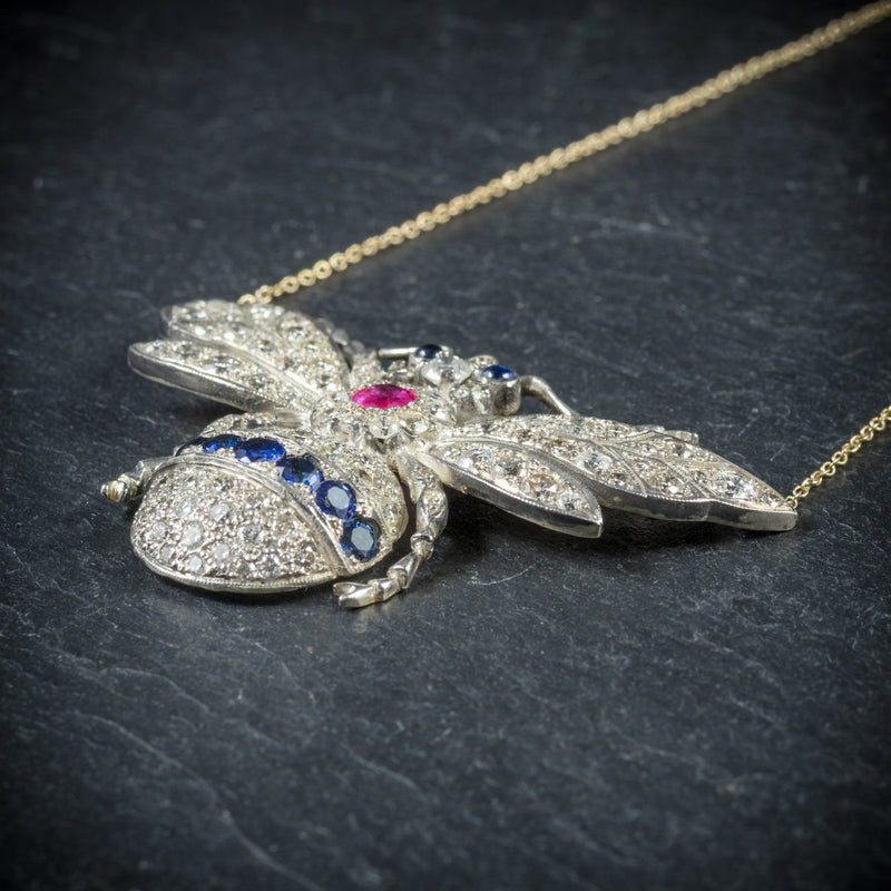 Diamond Bumble Bee Pendant Necklace Sapphire Ruby 18ct Gold side