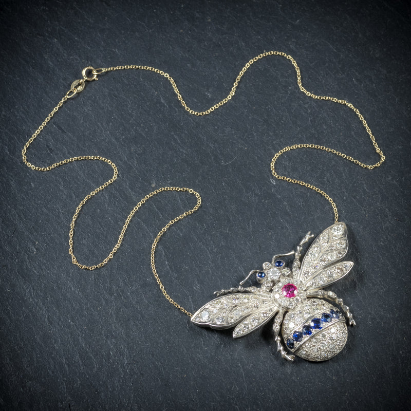  Diamond Bumble Bee Pendant Necklace Sapphire Ruby 18ct Gold top