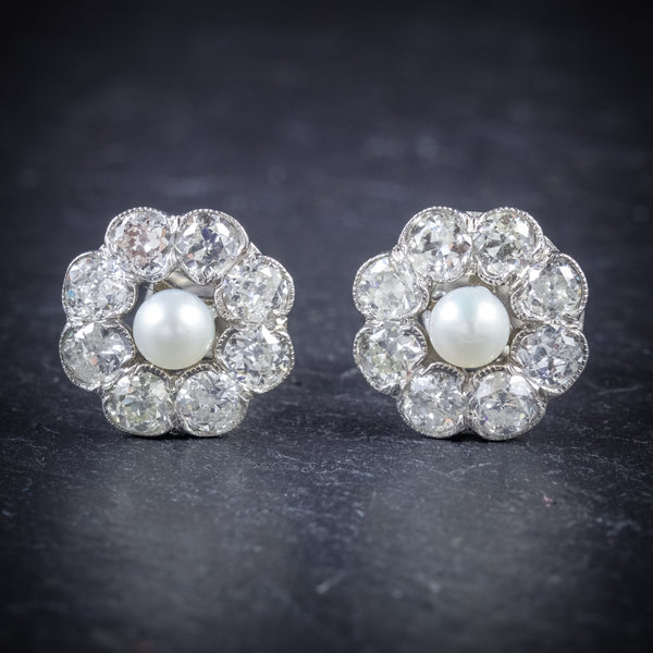 Diamond Pearl Cluster Earrings 18ct White Gold  FRONT