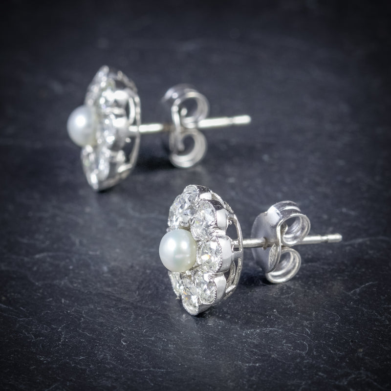 Diamond Pearl Cluster Earrings 18ct White Gold  SIDE