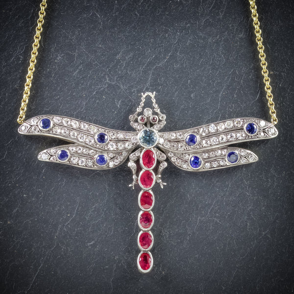 Dragonfly Pendant Necklace Ruby Diamond Sapphire Aquamarine 18ct Gold FRONT