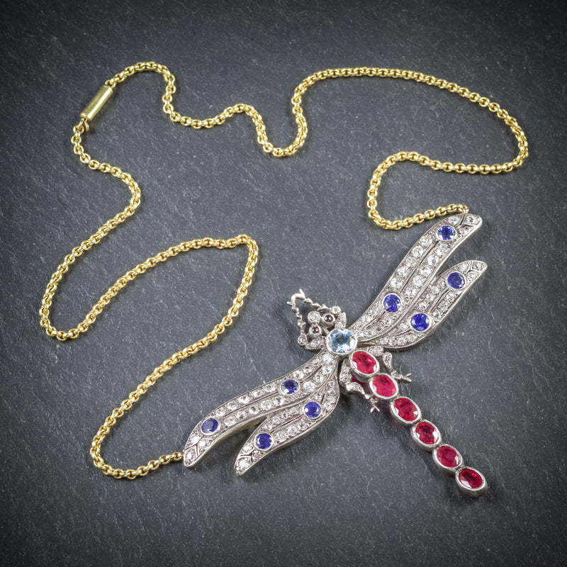 Dragonfly Pendant Necklace Ruby Diamond Sapphire Aquamarine 18ct Gold TOP