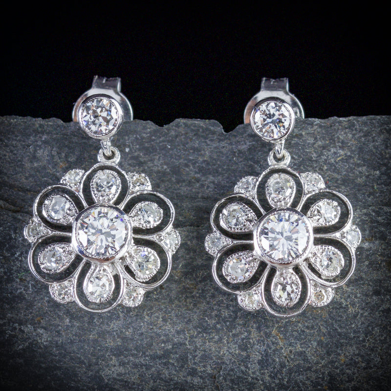 EDWARDIAN DIAMOND DROP EARRINGS 18CT WHITE GOLD FRONT