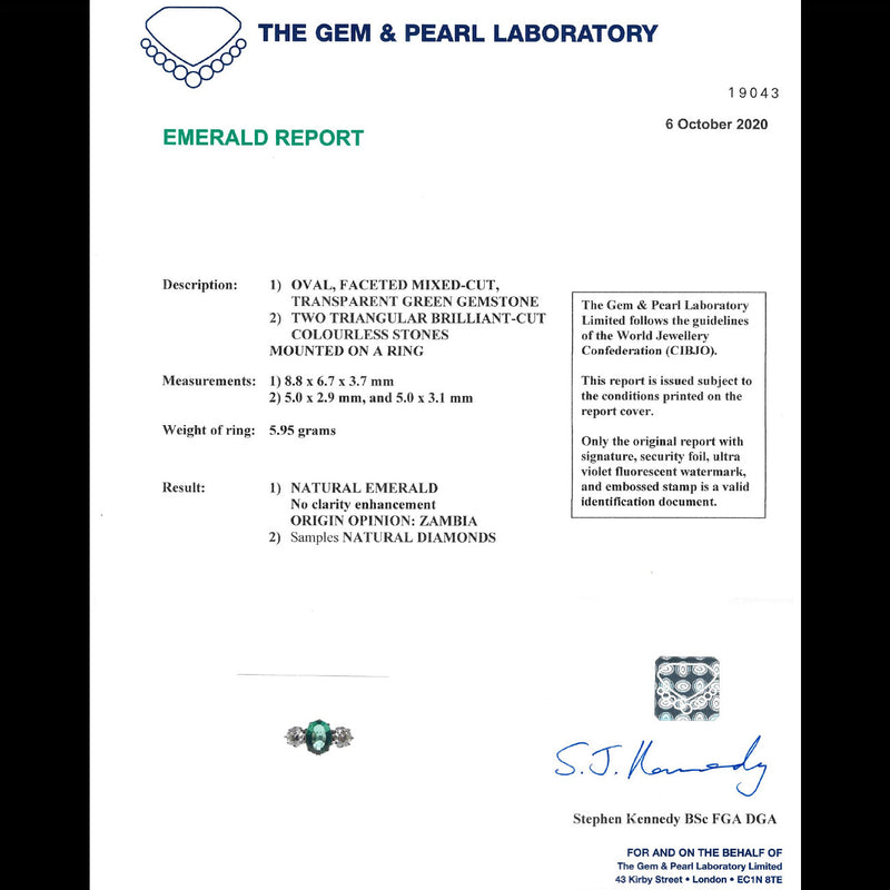 EMERALD DIAMOND TRILOGY RING PLATINUM 2.50CT NATURAL EMERALD CERT