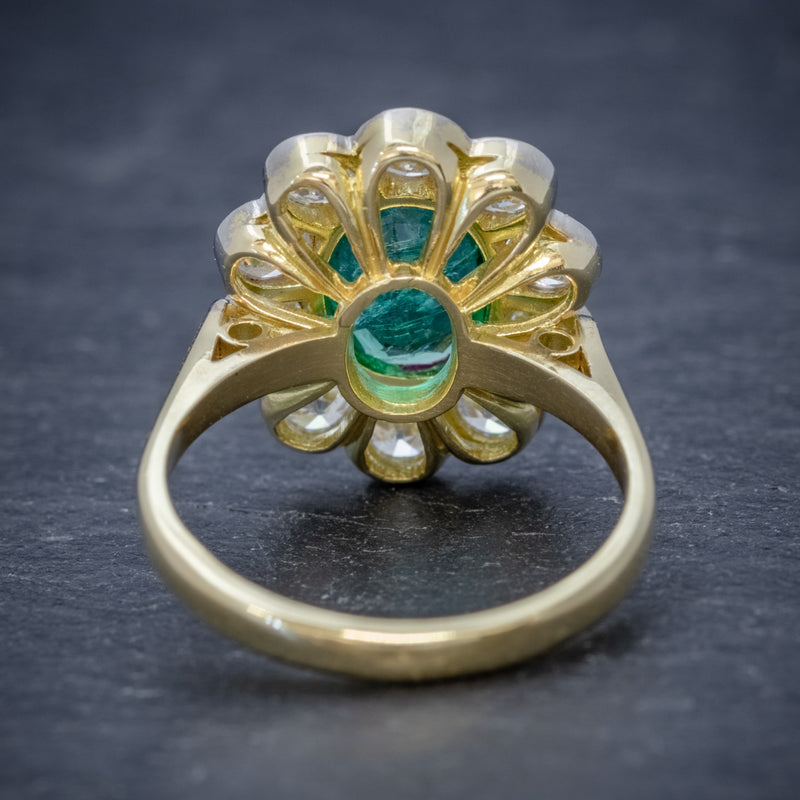 EMERALD DIAMOND CLUSTER RING 18CT GOLD 1.80CT EMERALD BACK