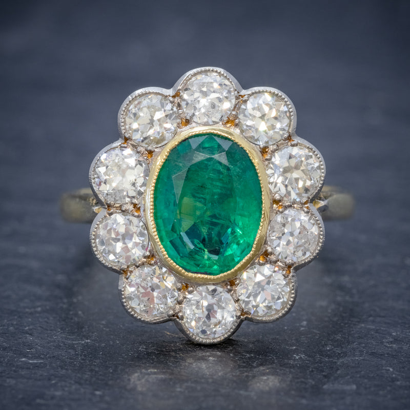 EMERALD DIAMOND CLUSTER RING 18CT GOLD 1.80CT EMERALD FRONT