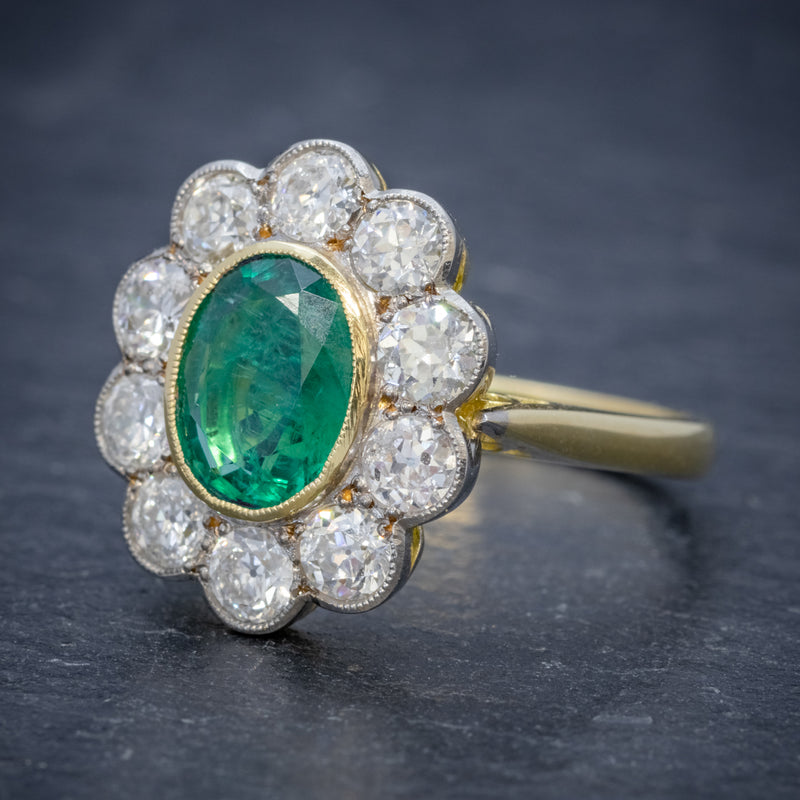 EMERALD DIAMOND CLUSTER RING 18CT GOLD 1.80CT EMERALD SIDE