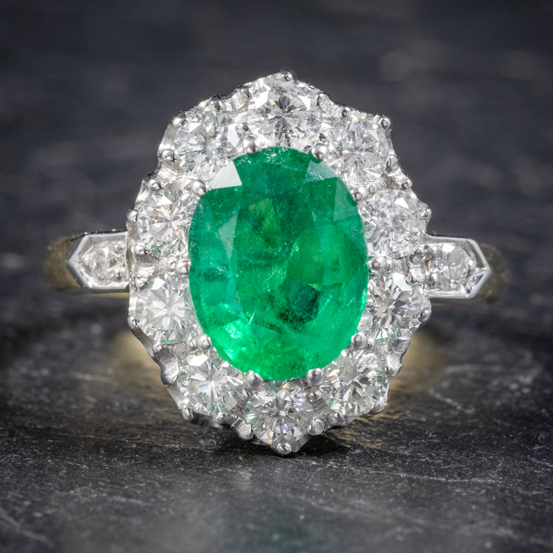Emerald Diamond Cluster Ring 18ct Gold 2.85ct Emerald FRONT