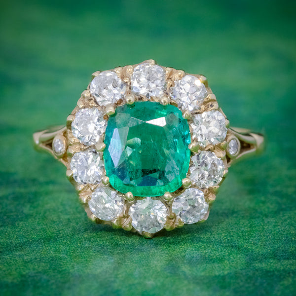EMERALD DIAMOND CLUSTER RING 2CT EMERALD 1.50CT DIAMOND 18CT GOLD COVER
