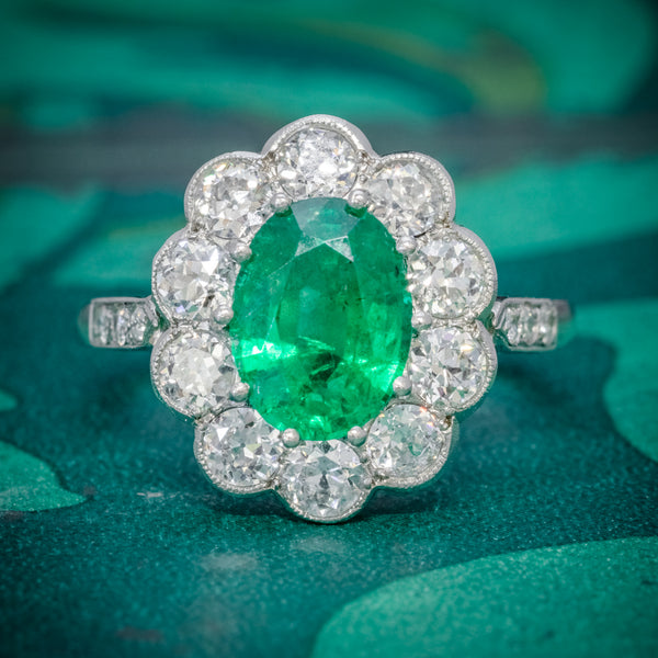 EMERALD DIAMOND CLUSTER RING PLATINUM 2.50CT EMERALD 1.20CT DIAMOND COVER