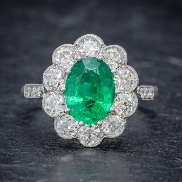 EMERALD DIAMOND CLUSTER RING PLATINUM 2.50CT EMERALD 1.20CT DIAMOND FRONT