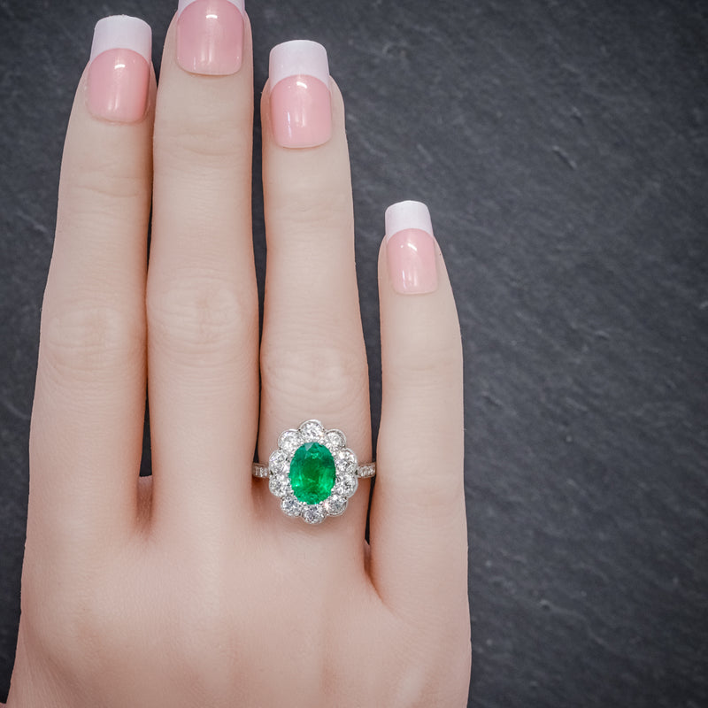 EMERALD DIAMOND CLUSTER RING PLATINUM 2.50CT EMERALD 1.20CT DIAMOND HAND