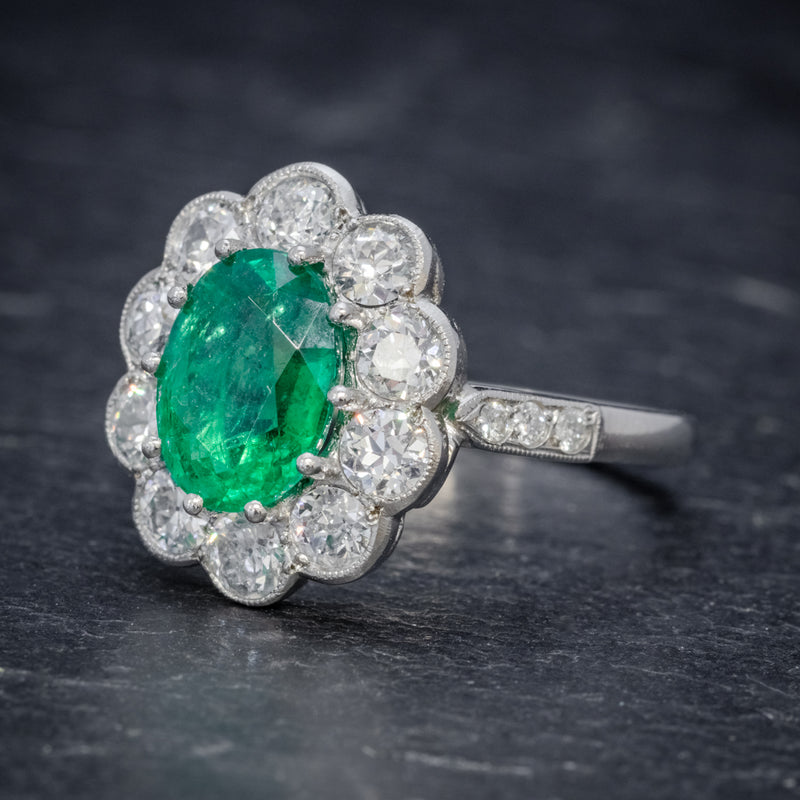 EMERALD DIAMOND CLUSTER RING PLATINUM 2.50CT EMERALD 1.20CT DIAMOND SIDE