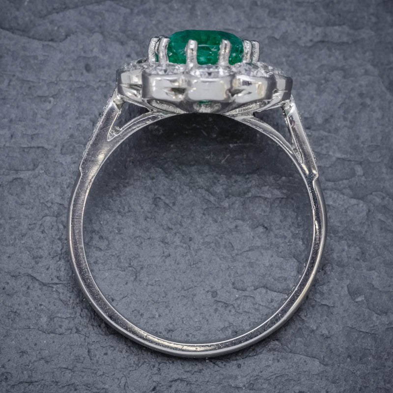 EMERALD DIAMOND CLUSTER RING PLATINUM 2.50CT EMERALD 1.20CT DIAMOND TOP